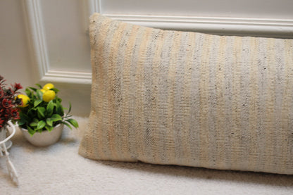 Handmade Beige Kilim Pillow Cover: Upcycled Woven Rug, 12x36 inch