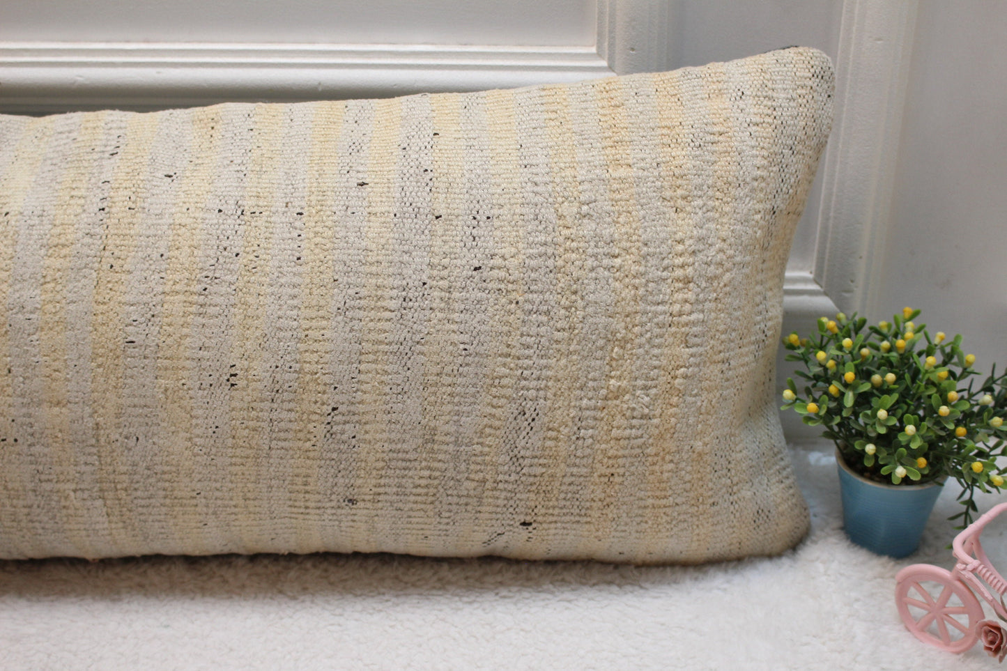 Handmade Beige Kilim Pillow Cover: Upcycled Woven Rug, 12x36 inch