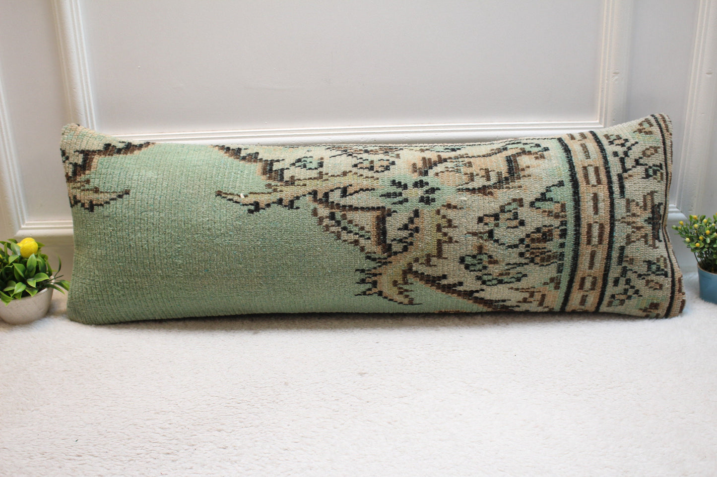 Green Vintage Turkish Rug Pillow: Handmade Wool Lumbar Cover (12x36 in)