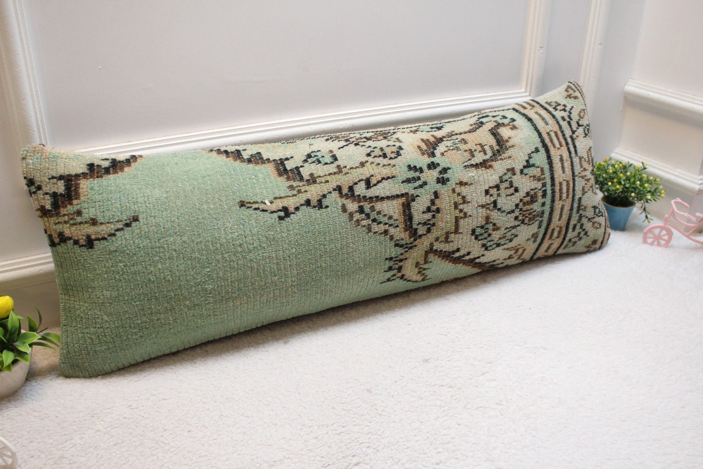 Green Vintage Turkish Rug Pillow: Handmade Wool Lumbar Cover (12x36 in)