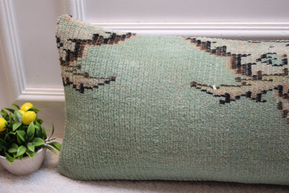 Green Vintage Turkish Rug Pillow: Handmade Wool Lumbar Cover (12x36 in)
