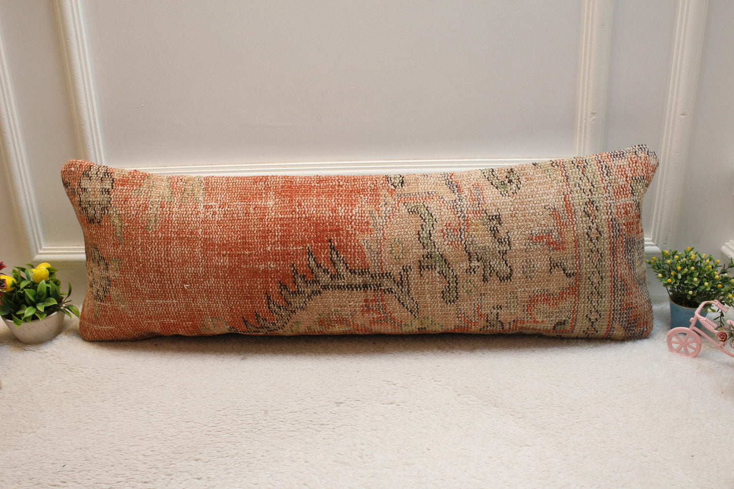 Handmade Turkish Rug Lumbar Pillow: Vintage Boho Pillow Cover (12x36 in)