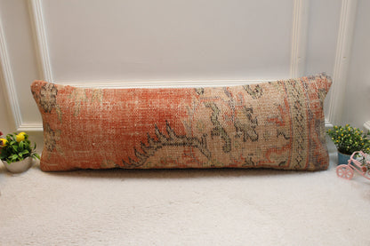 Handmade Turkish Rug Lumbar Pillow: Vintage Boho Pillow Cover (12x36 in)