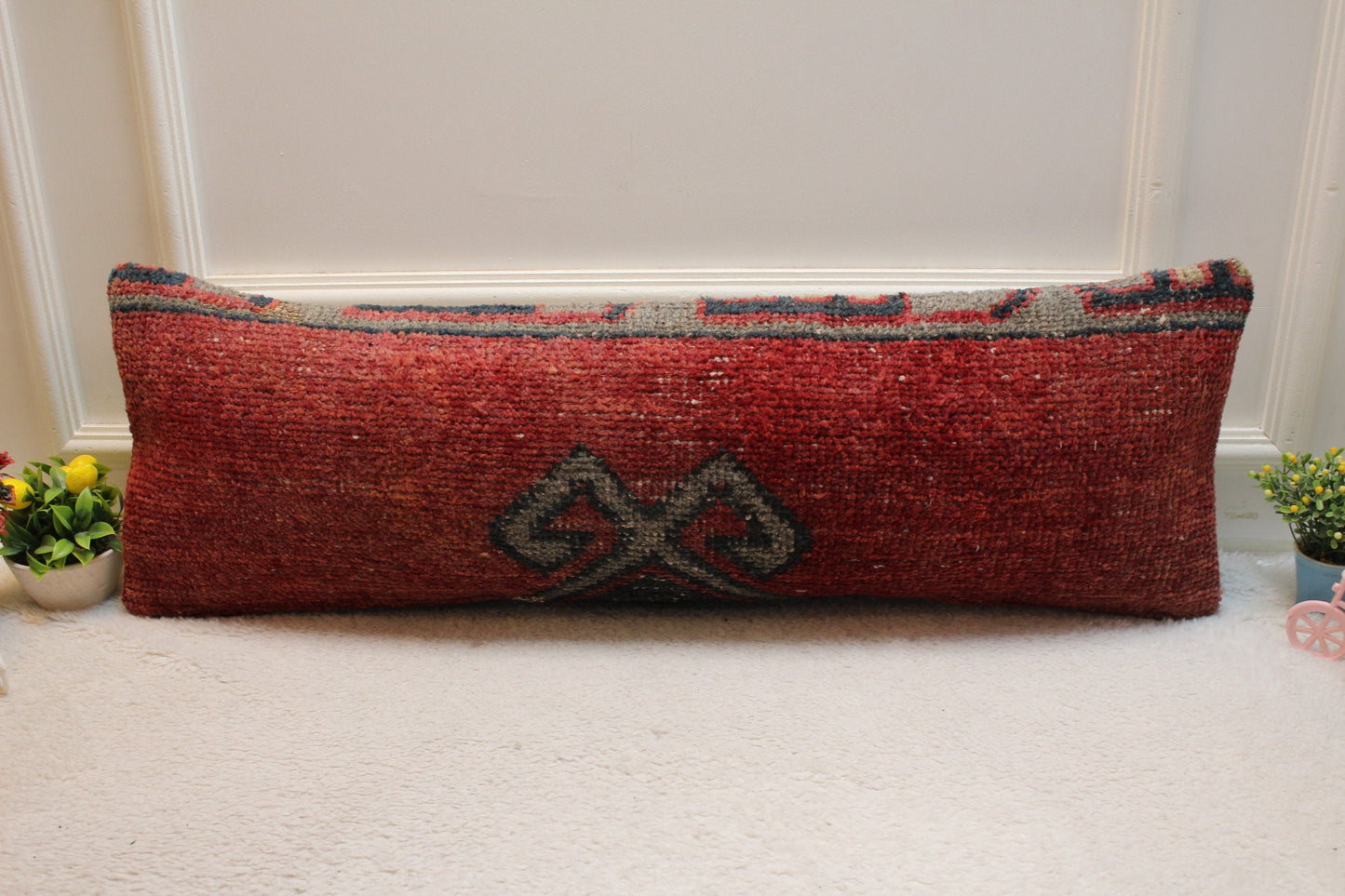 Handmade Turkish Rug Lumbar Pillow Cover: Organic Wool Boho Pillow (12x36 inc)