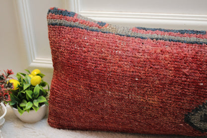 Handmade Turkish Rug Lumbar Pillow Cover: Organic Wool Boho Pillow (12x36 inc)