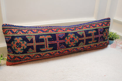 Handmade Kilim Lumbar Pillow Cover: Geometric Wool Rug Pillow (12x36 in)