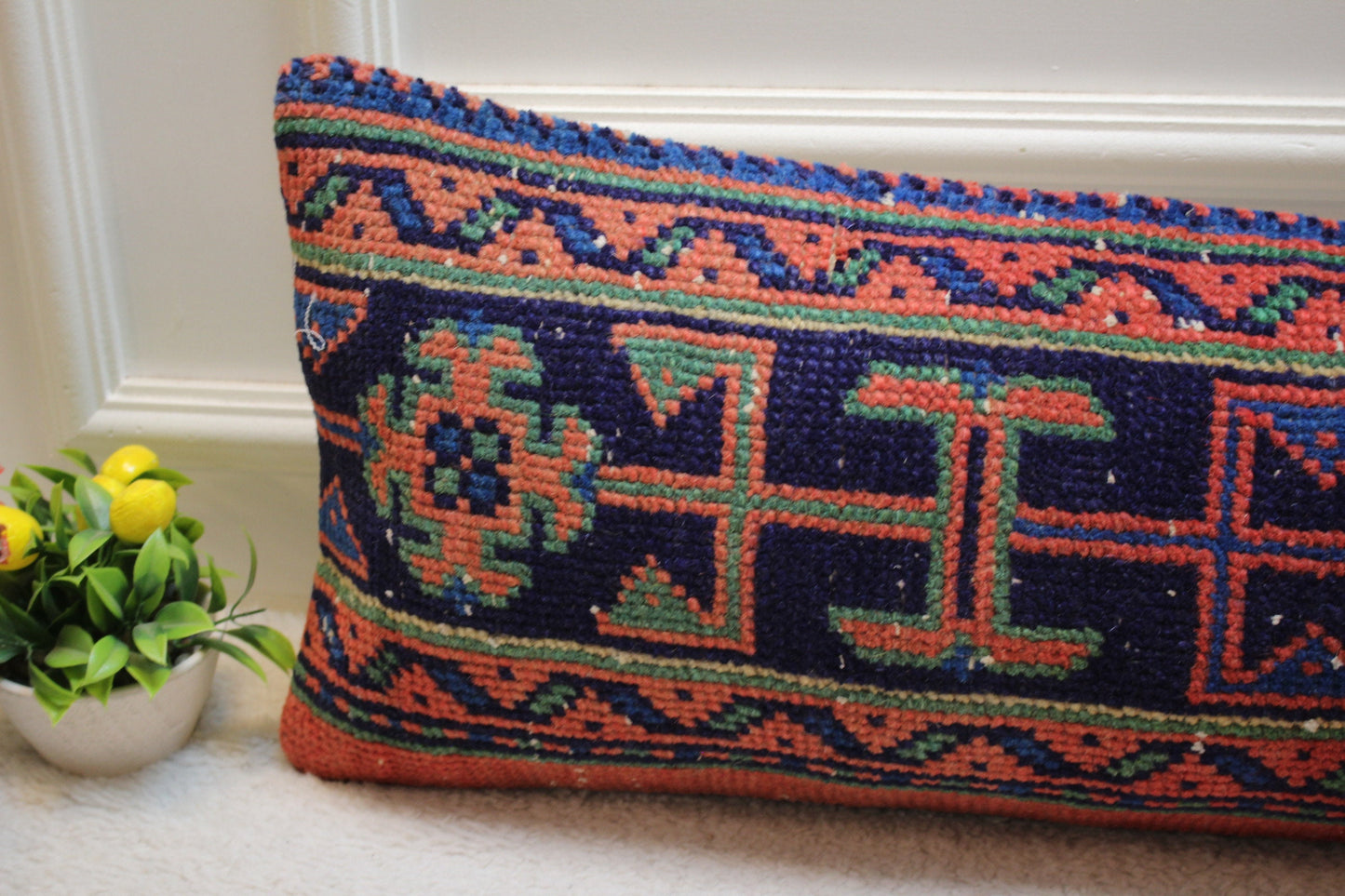 Handmade Kilim Lumbar Pillow Cover: Geometric Wool Rug Pillow (12x36 in)