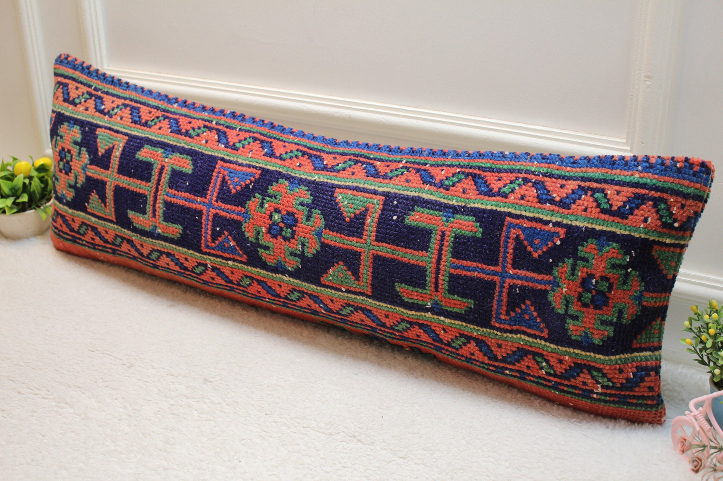 Handmade Kilim Lumbar Pillow Cover: Geometric Wool Rug Pillow (12x36 in)