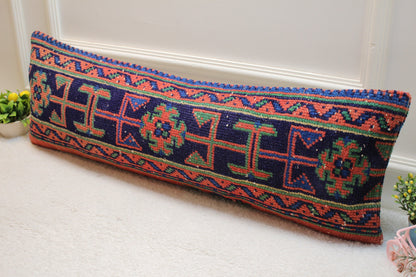 Handmade Kilim Lumbar Pillow Cover: Geometric Wool Rug Pillow (12x36 in)