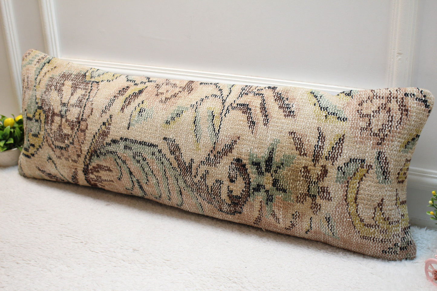 Handmade Floral Kilim Pillow Cover: Beige Turkish Rug Pillow, 12x36 inch