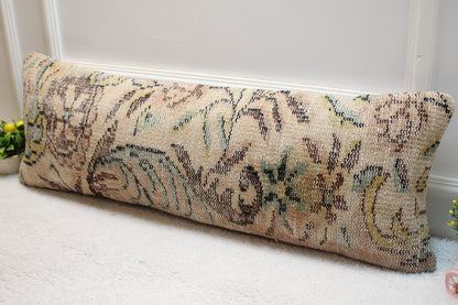 Handmade Floral Kilim Pillow Cover: Beige Turkish Rug Pillow, 12x36 inch