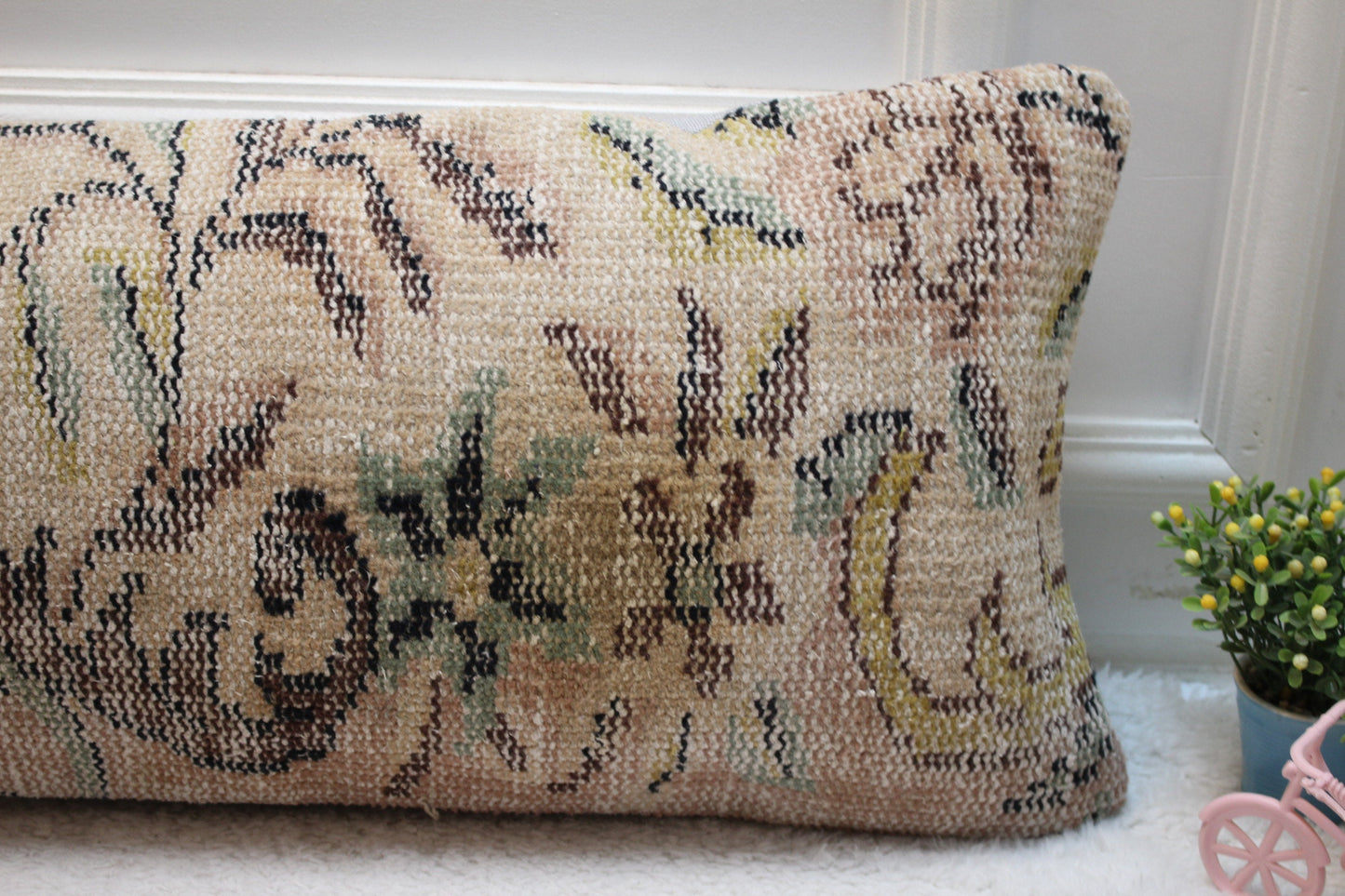 Handmade Floral Kilim Pillow Cover: Beige Turkish Rug Pillow, 12x36 inch