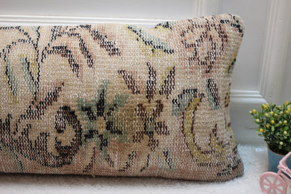 Handmade Floral Kilim Pillow Cover: Beige Turkish Rug Pillow, 12x36 inch