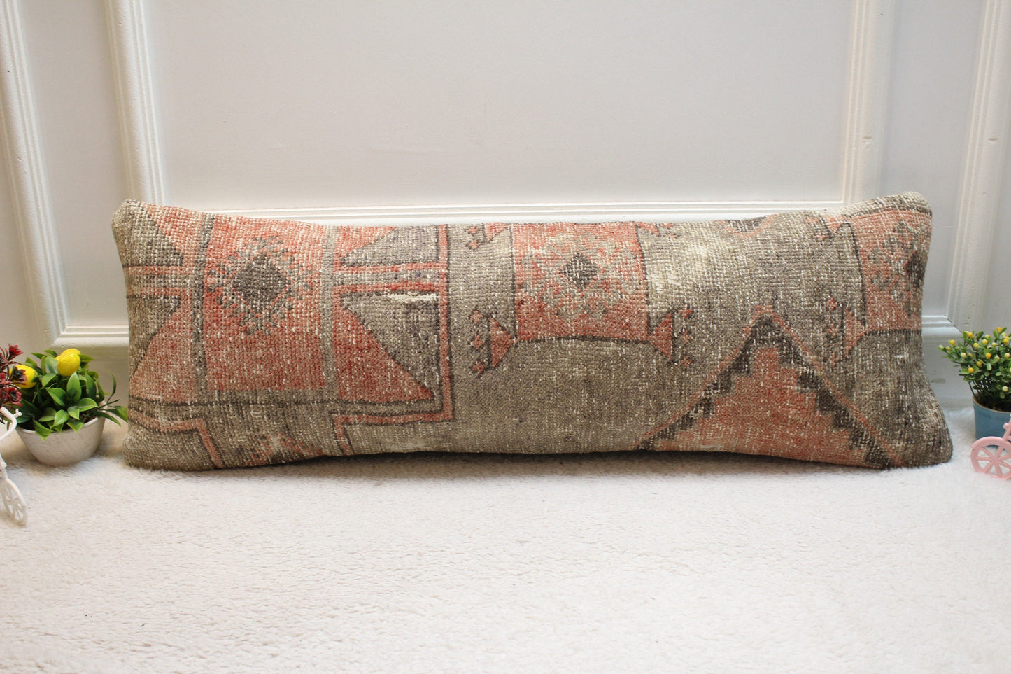 Handmade Kilim Lumbar Pillow Cover: Red & Gray Woven Rug, 12x36 inch