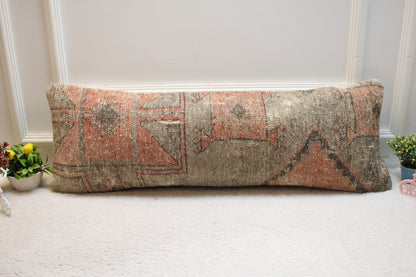 Handmade Kilim Lumbar Pillow Cover: Red & Gray Woven Rug, 12x36 inch