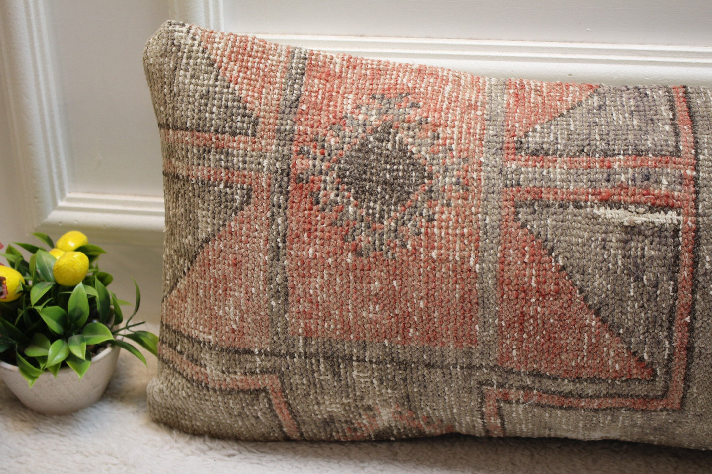 Handmade Kilim Lumbar Pillow Cover: Red & Gray Woven Rug, 12x36 inch