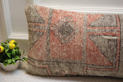 Handmade Kilim Lumbar Pillow Cover: Red & Gray Woven Rug, 12x36 inch