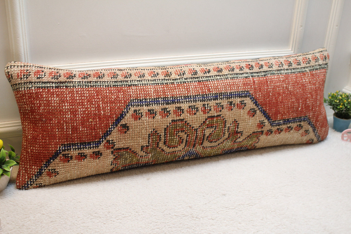 Vintage Turkish Rug Lumbar Pillow Cover: Red Beige Woven Wool, 12x36 inch