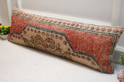 Vintage Turkish Rug Lumbar Pillow Cover: Red Beige Woven Wool, 12x36 inch