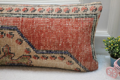 Vintage Turkish Rug Lumbar Pillow Cover: Red Beige Woven Wool, 12x36 inch