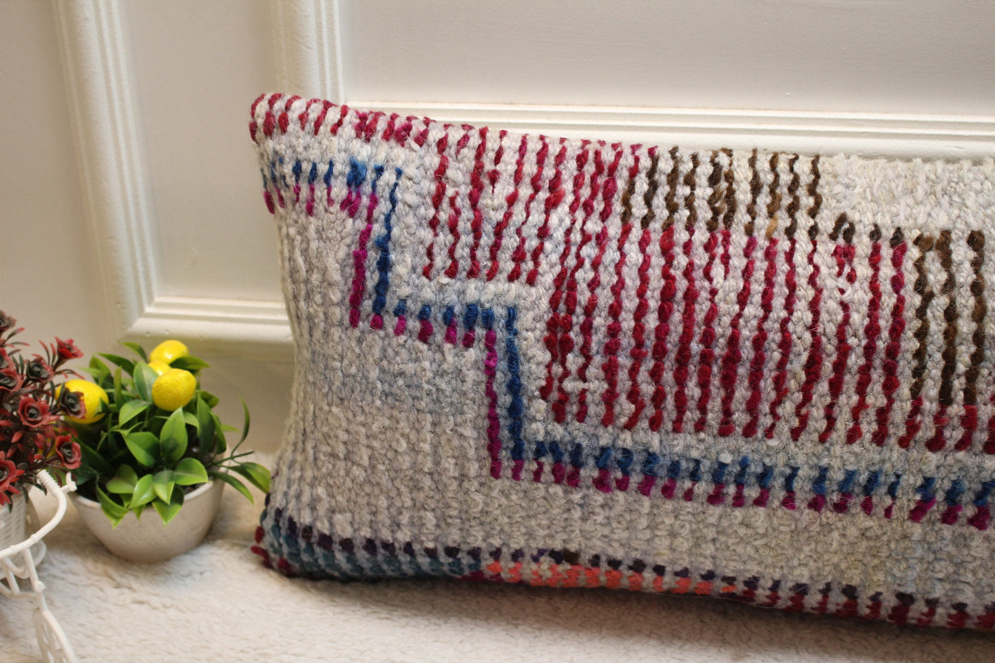 Vintage Turkish Rug Lumbar Pillow Cover: Purple Gray Wool, 12x36 inch