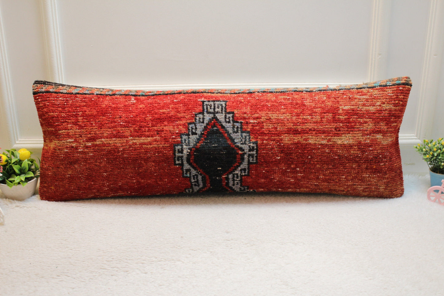 Ethnic Lumbar Rug Pillow: 12x36 Red Boho Pillow Cover
