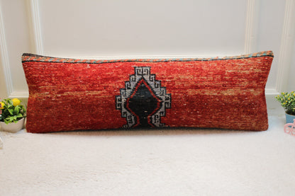 Ethnic Lumbar Rug Pillow: 12x36 Red Boho Pillow Cover