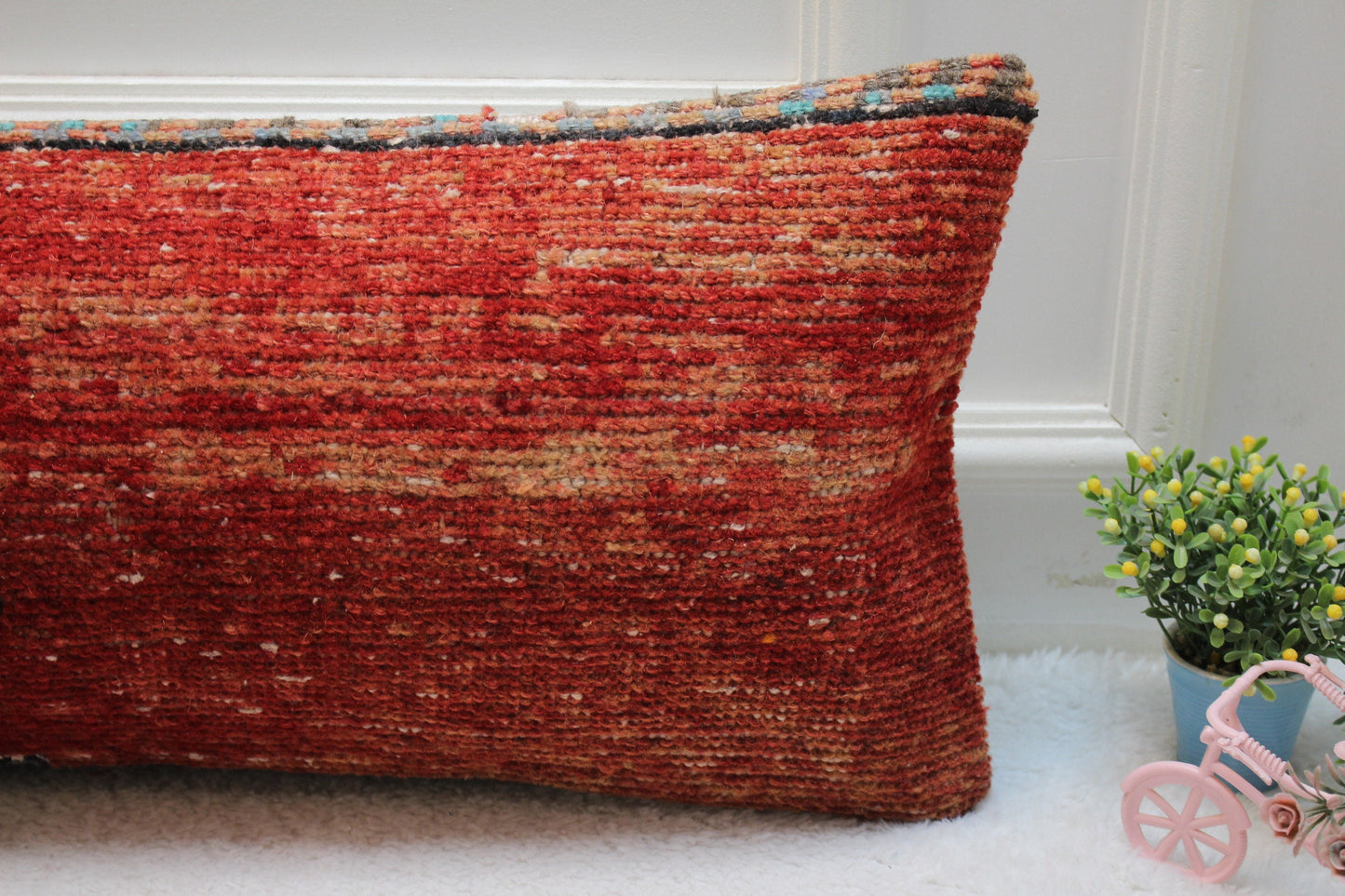 Ethnic Lumbar Rug Pillow: 12x36 Red Boho Pillow Cover