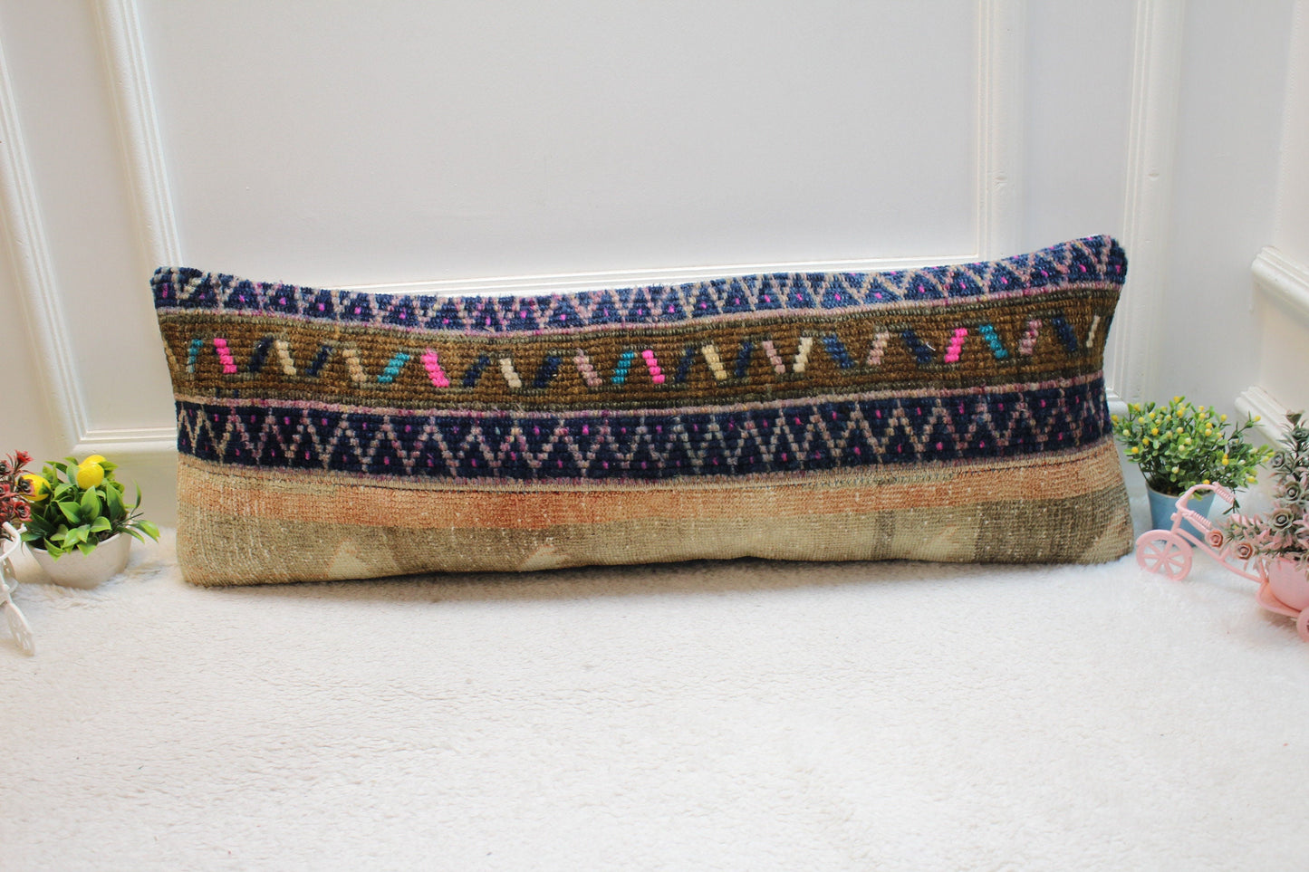 Handmade Turkish Kilim Lumbar Pillow Cover: Upcycled Woven Rug, 12x36 inch