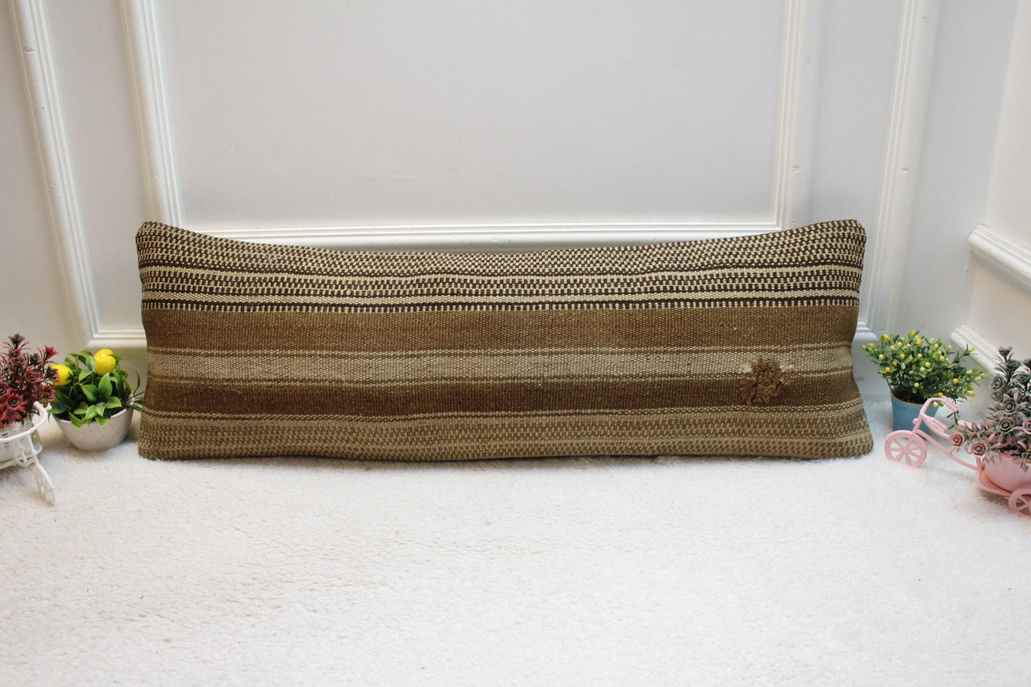 Handmade Organic Wool Kilim Pillow: Beige Brown Accent Cushion (12x36in)