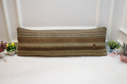 Handmade Organic Wool Kilim Pillow: Beige Brown Accent Cushion (12x36in)
