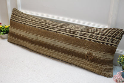 Handmade Organic Wool Kilim Pillow: Beige Brown Accent Cushion (12x36in)