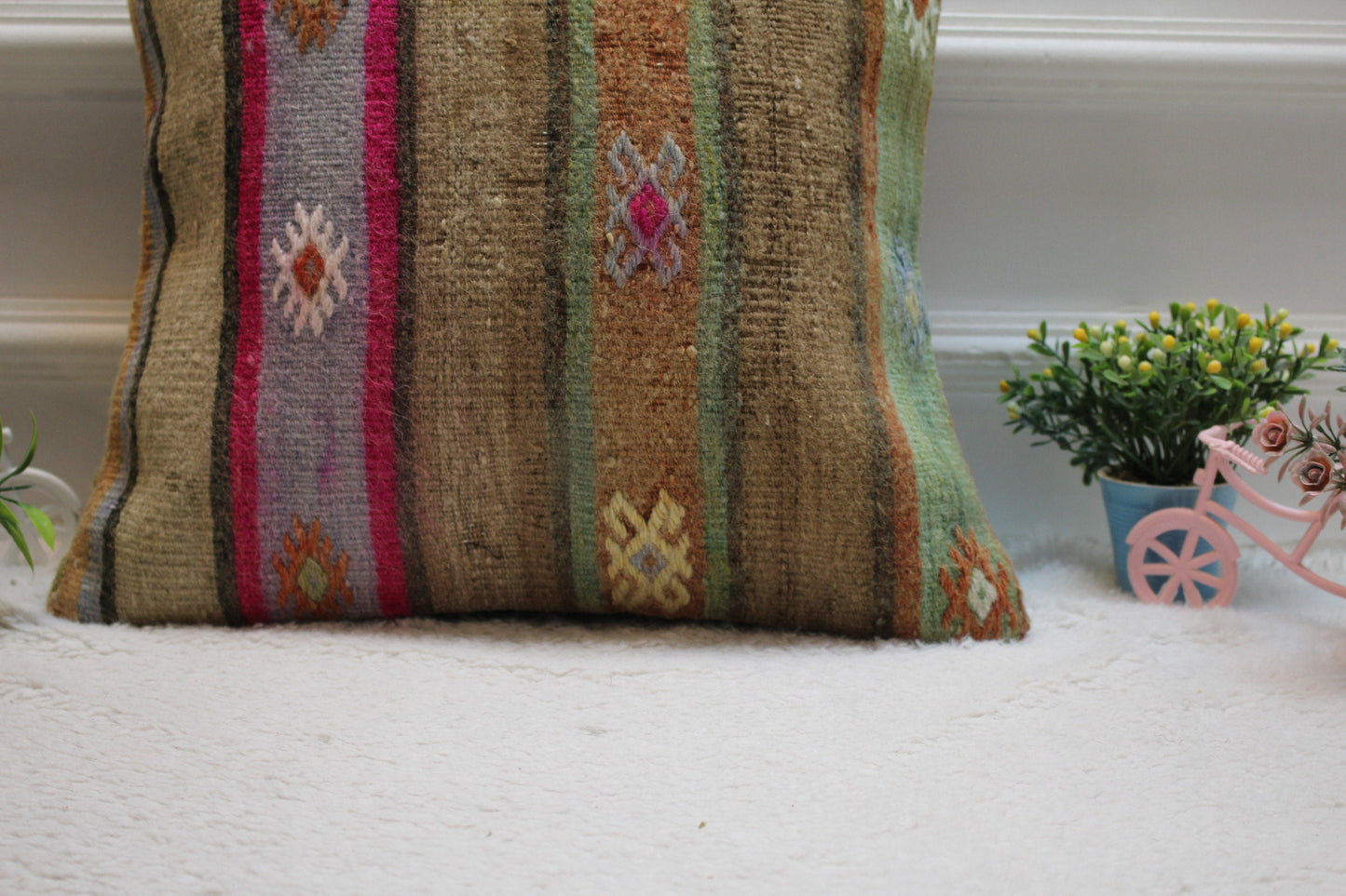 Striped Kilim Pillow Cover: 16x16 inch, Upcycled Woven Wool