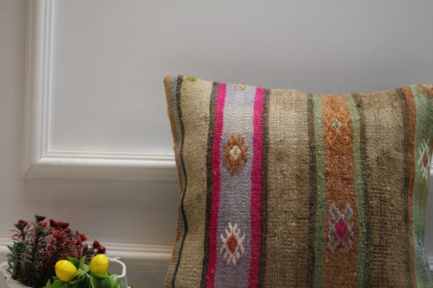 Striped Kilim Pillow Cover: 16x16 inch, Upcycled Woven Wool