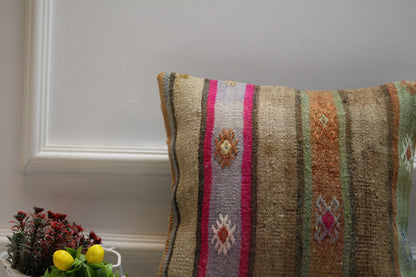 Striped Kilim Pillow Cover: 16x16 inch, Upcycled Woven Wool
