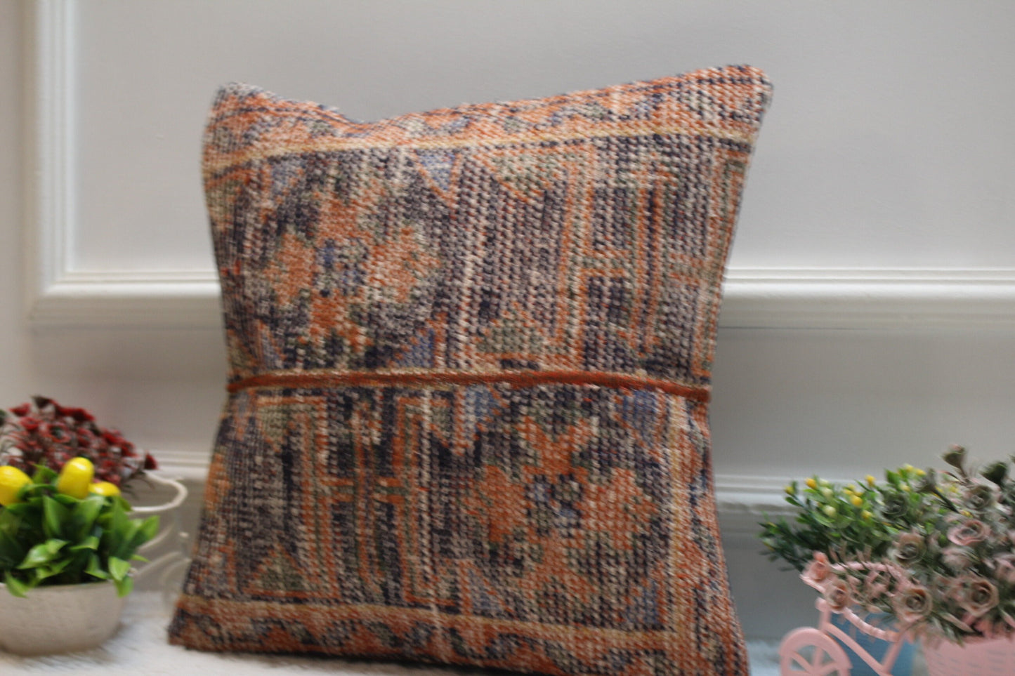 Handmade Kilim Pillow Cover: Geometric Patchwork, Upcycled Woven Rug (16x16 inc)