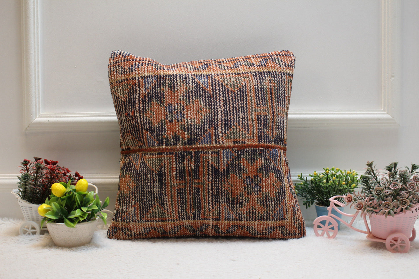 Handmade Kilim Pillow Cover: Geometric Patchwork, Upcycled Woven Rug (16x16 inc)