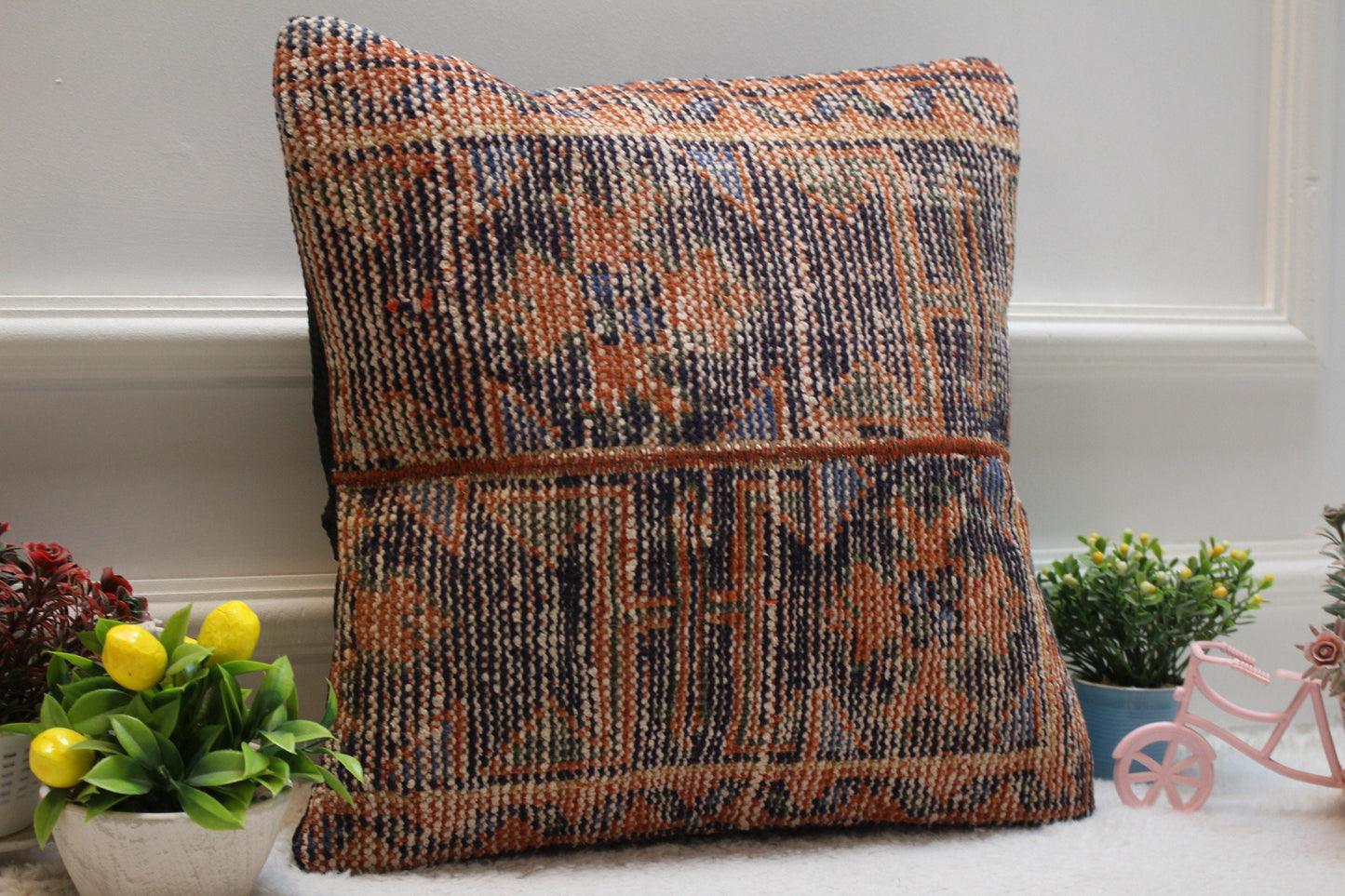 Handmade Kilim Pillow Cover: Geometric Patchwork, Upcycled Woven Rug (16x16 inc)