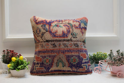 Handmade Kilim Pillow Cover: Upcycled Wool Rug, 16x16 inc