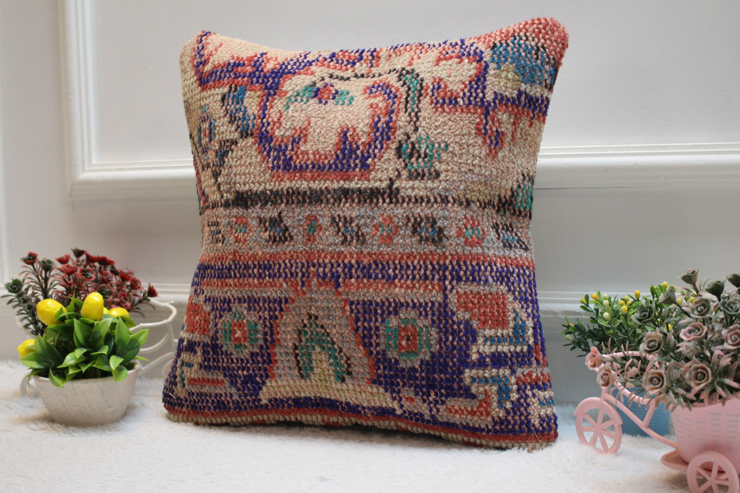 Handmade Kilim Pillow Cover: Upcycled Wool Rug, 16x16 inc