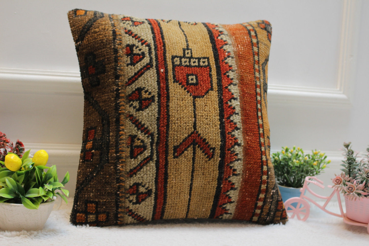 Handmade Kilim Pillow Cover: Upcycled Woven Wool, Ethnic Design (16x16 in)