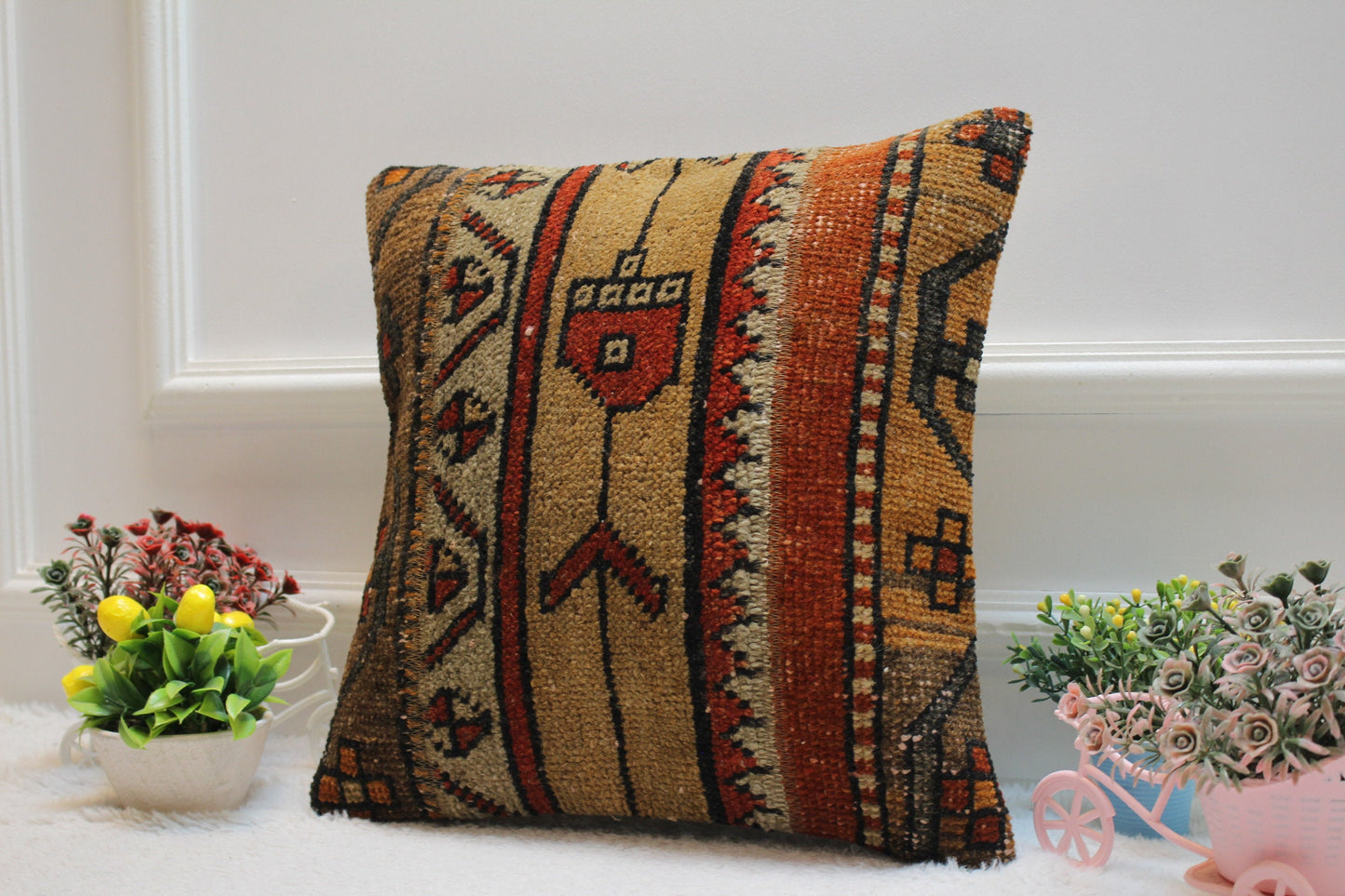 Handmade Kilim Pillow Cover: Upcycled Woven Wool, Ethnic Design (16x16 in)
