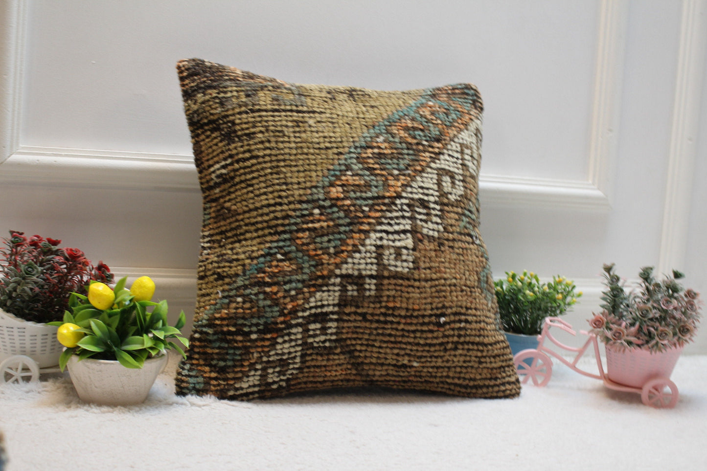 Geometric Turkish Rug Pillow Cover: Brown Wool Kilim, 16x16 inch