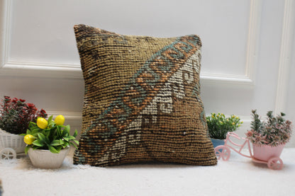 Geometric Turkish Rug Pillow Cover: Brown Wool Kilim, 16x16 inch