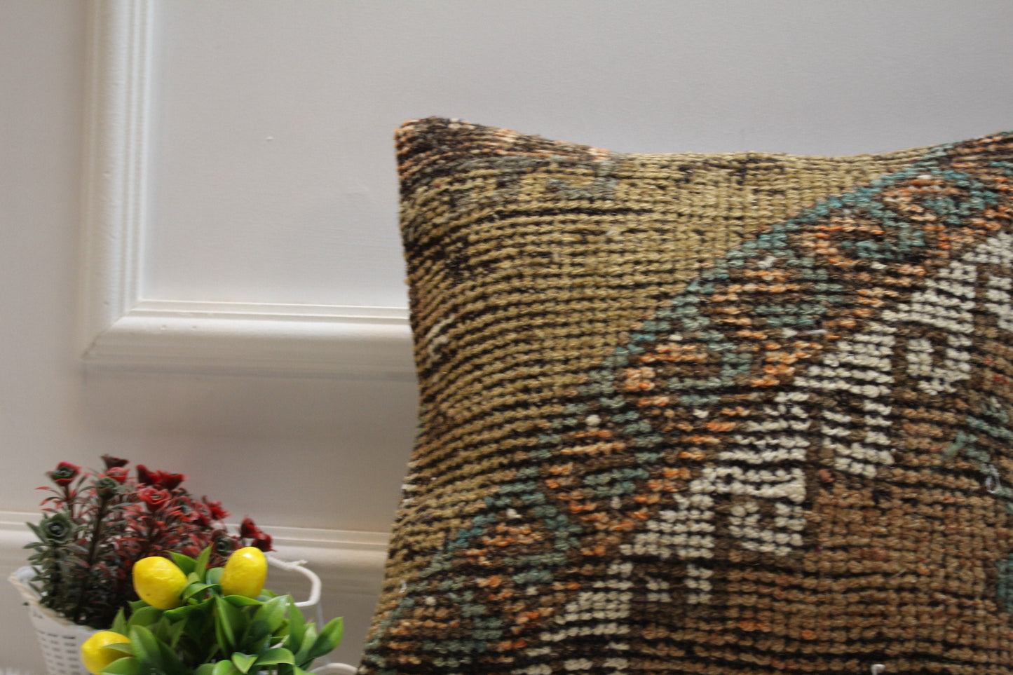 Geometric Turkish Rug Pillow Cover: Brown Wool Kilim, 16x16 inch