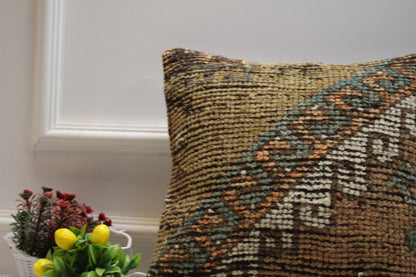 Geometric Turkish Rug Pillow Cover: Brown Wool Kilim, 16x16 inch