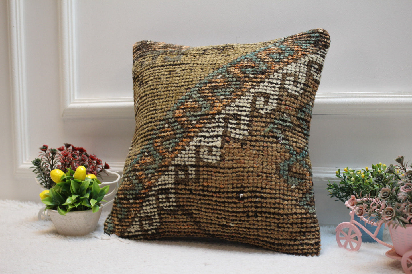 Geometric Turkish Rug Pillow Cover: Brown Wool Kilim, 16x16 inch