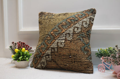Geometric Turkish Rug Pillow Cover: Brown Wool Kilim, 16x16 inch