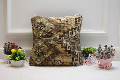 Handmade Turkish Rug Pillow Cover: Brown Organic Wool, 16x16 inc