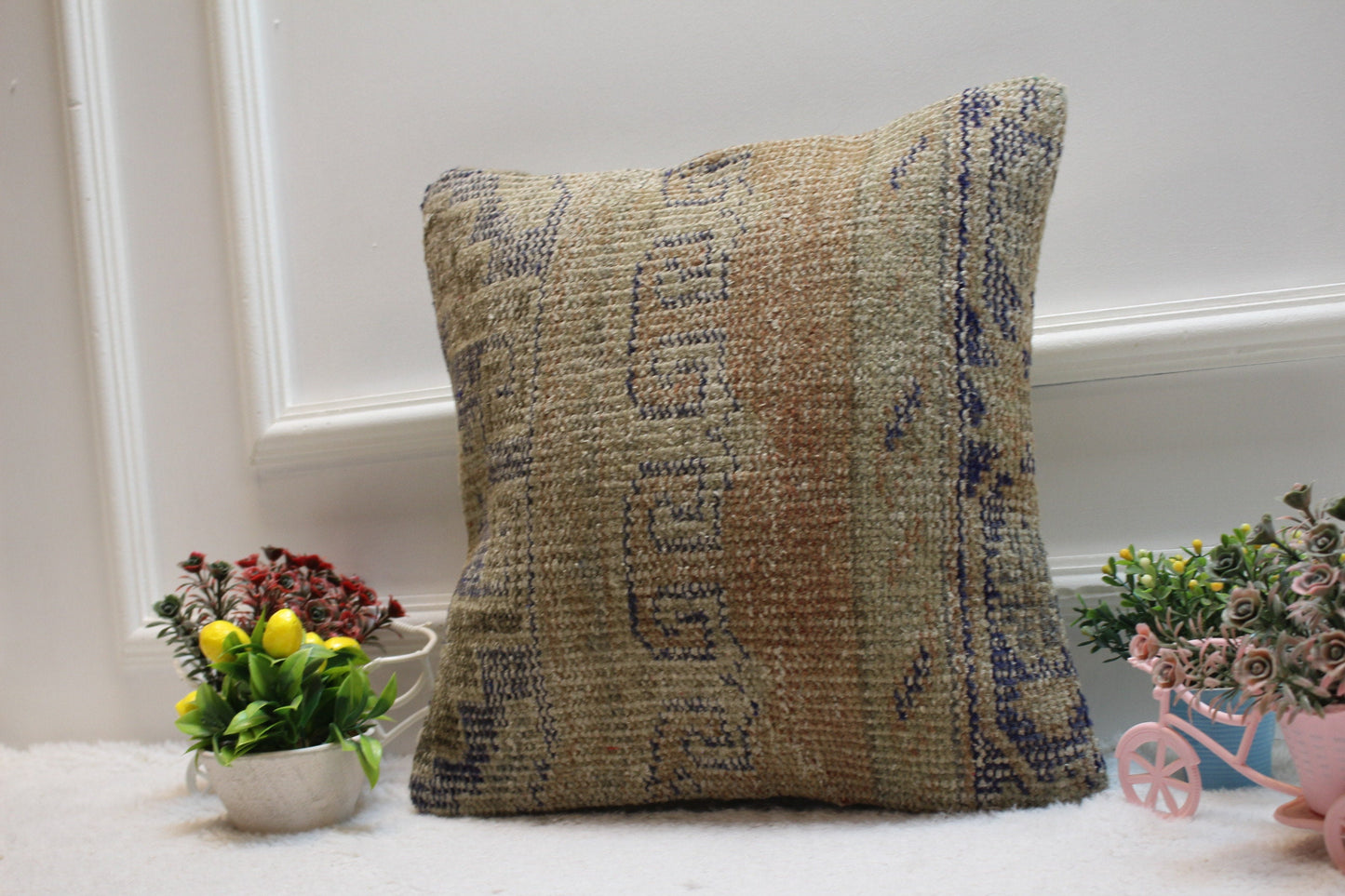 Handmade Turkish Rug Pillow Cover: Upcycled Organic Wool, 16x16 inch
